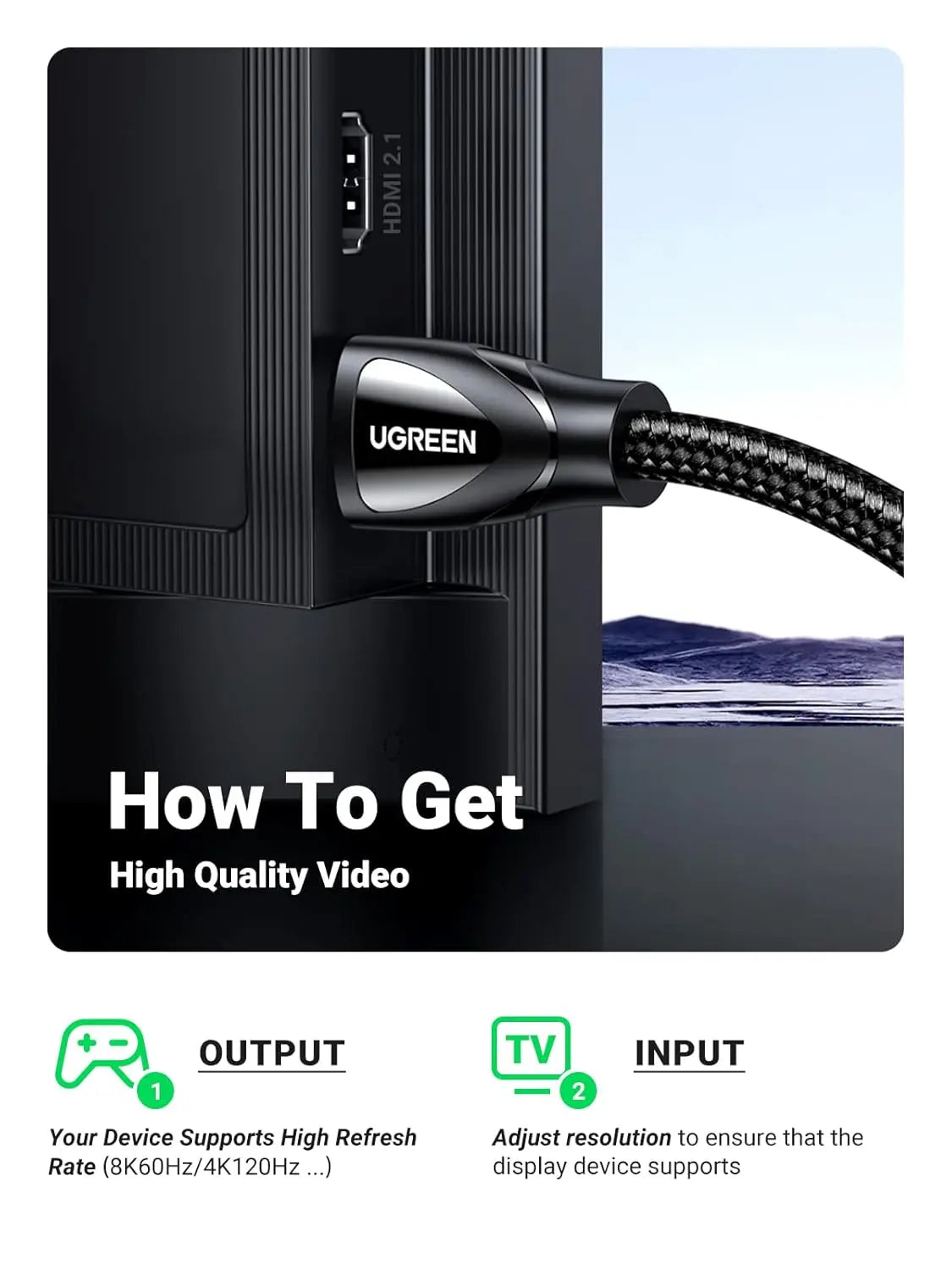 UGREEN HDMI cable connection from game console or source device to television display