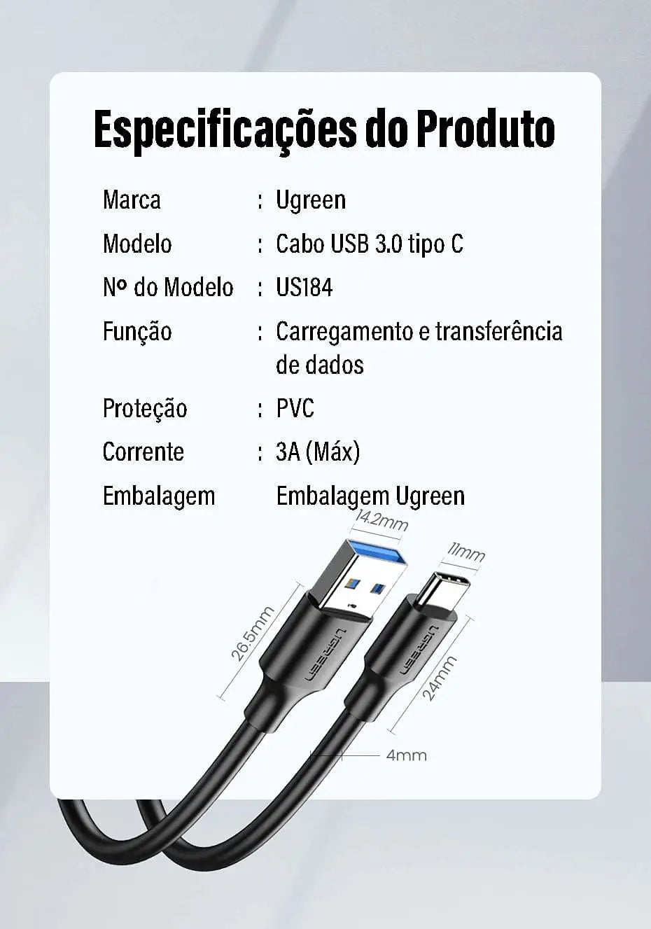 UGREEN USB 3.0 Cable 1.5M A Male to USB C Male Fast Charging Data Transfer 5Gbps Nickel Plated MacBook iPad Galaxy (20883)