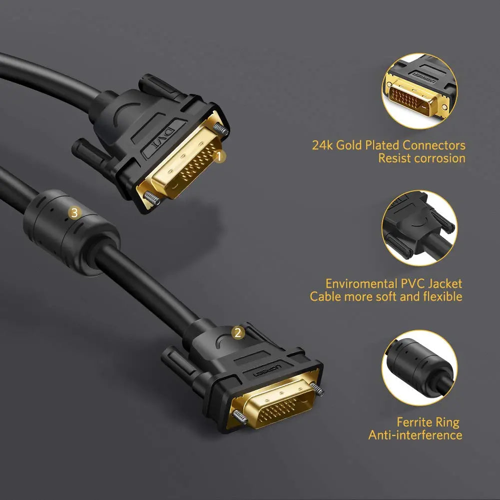 UGREEN 3M DVI-D 24+1 Dual Link Male to Male Digital Video Cable Gold Plated Ferrite Core 2560x1600 Gaming DVD Laptop HDTV 11607