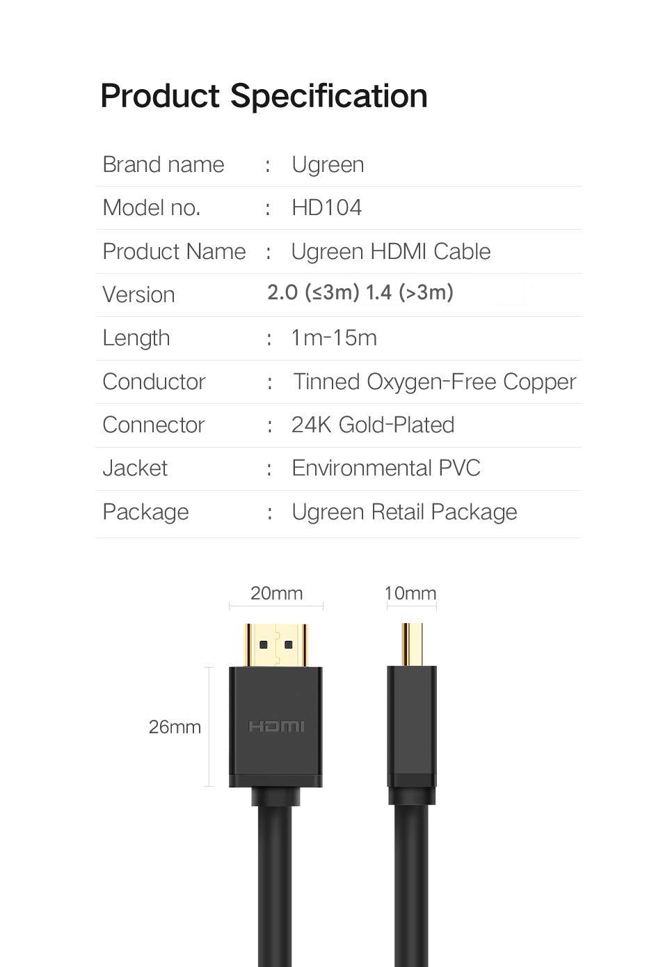 UGREEN 5M HDMI 1.4 Cable High Speed 4K 30Hz Full Copper Ethernet ARC Gold Plated (10109)