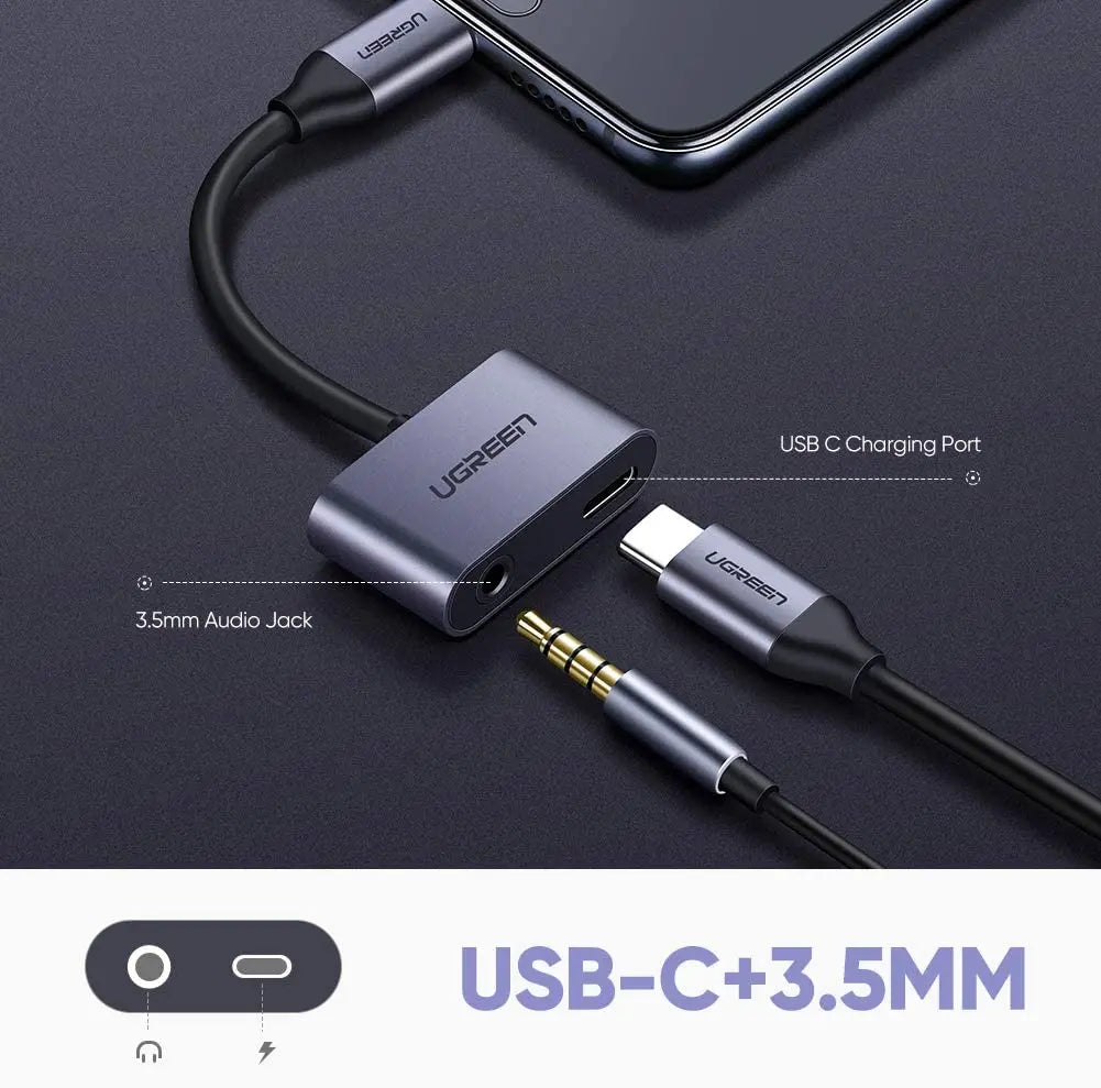 UGREEN 2-in-1 USB-C Female to Dual Port USB-C 3.5mm Audio Female Adapter 30W PD3.0 QC3.0 Fast Charging Type-C (50596)
