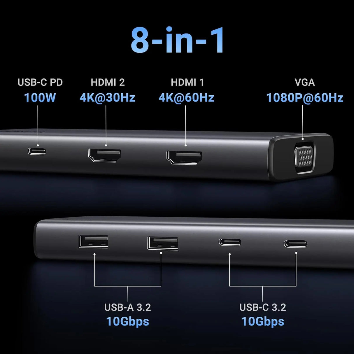 UGREEN 8 in 1 USB C 4K Docking Station Dual Monitor, Triple Display USB C Hub with 2 HDMI, VGA, 2 USB A&C 3.2 Ports, 100W PD, Dock Compatible for MacBook, Dell, HP, Lenovo, Surface etc (35588) - Ugreen India