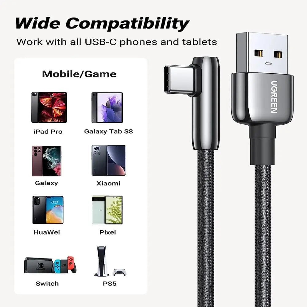 UGREEN 1m USB A 2.0 Right Angle  90 Degree Male to Usb C Male Braided Cable with Zinc Alloy Shell Compatible for Samsung Galaxy S10 S10e S9 Plus Note 9 8, LG G8 G7 V40 V20 V30, Moto Z Z3, Nintendo Switch etc. (70413) - Ugreen India