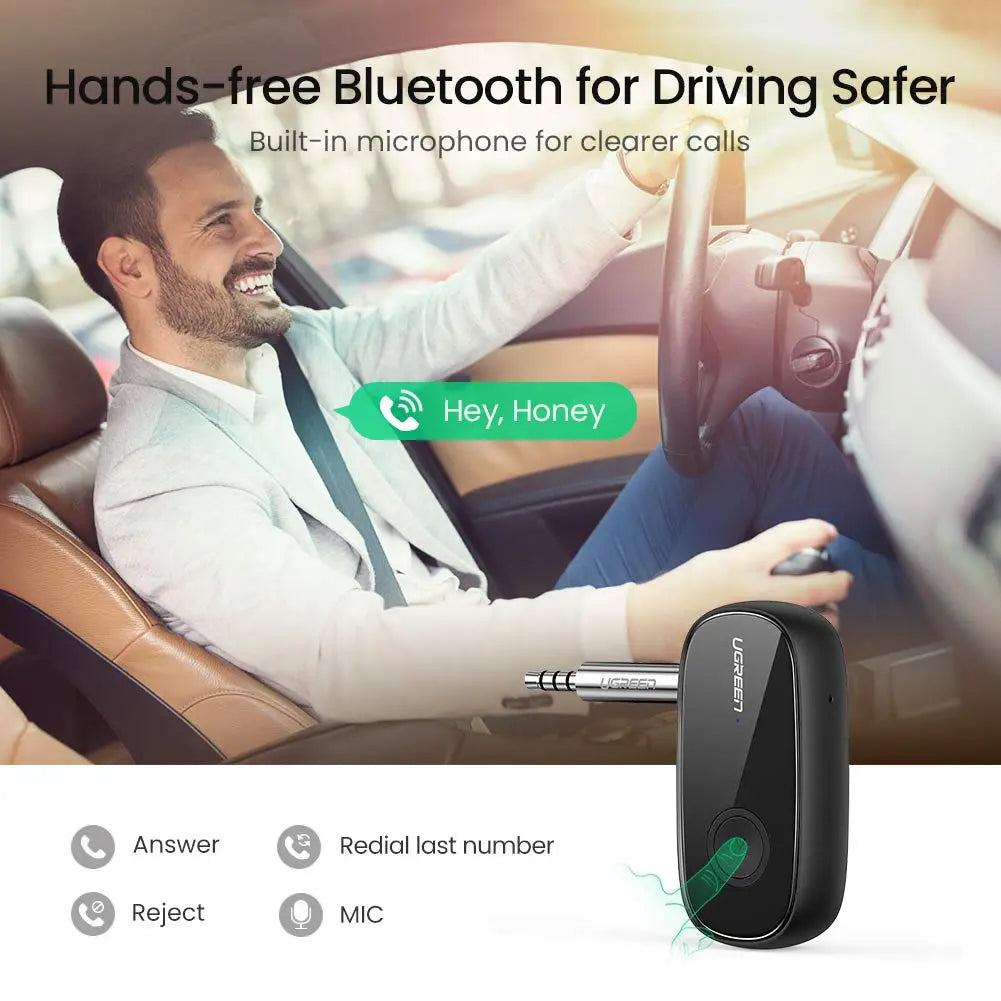 UGREEN Bluetooth Receiver, Wireless Bluetooth 5.0 Car Adapter Portable Wireless Audio Adapter 3.5mm Aux for Music Streaming Sound System Speaker, Headphones, Hands-Free Car Kit with Microphone (70304) - Ugreen India