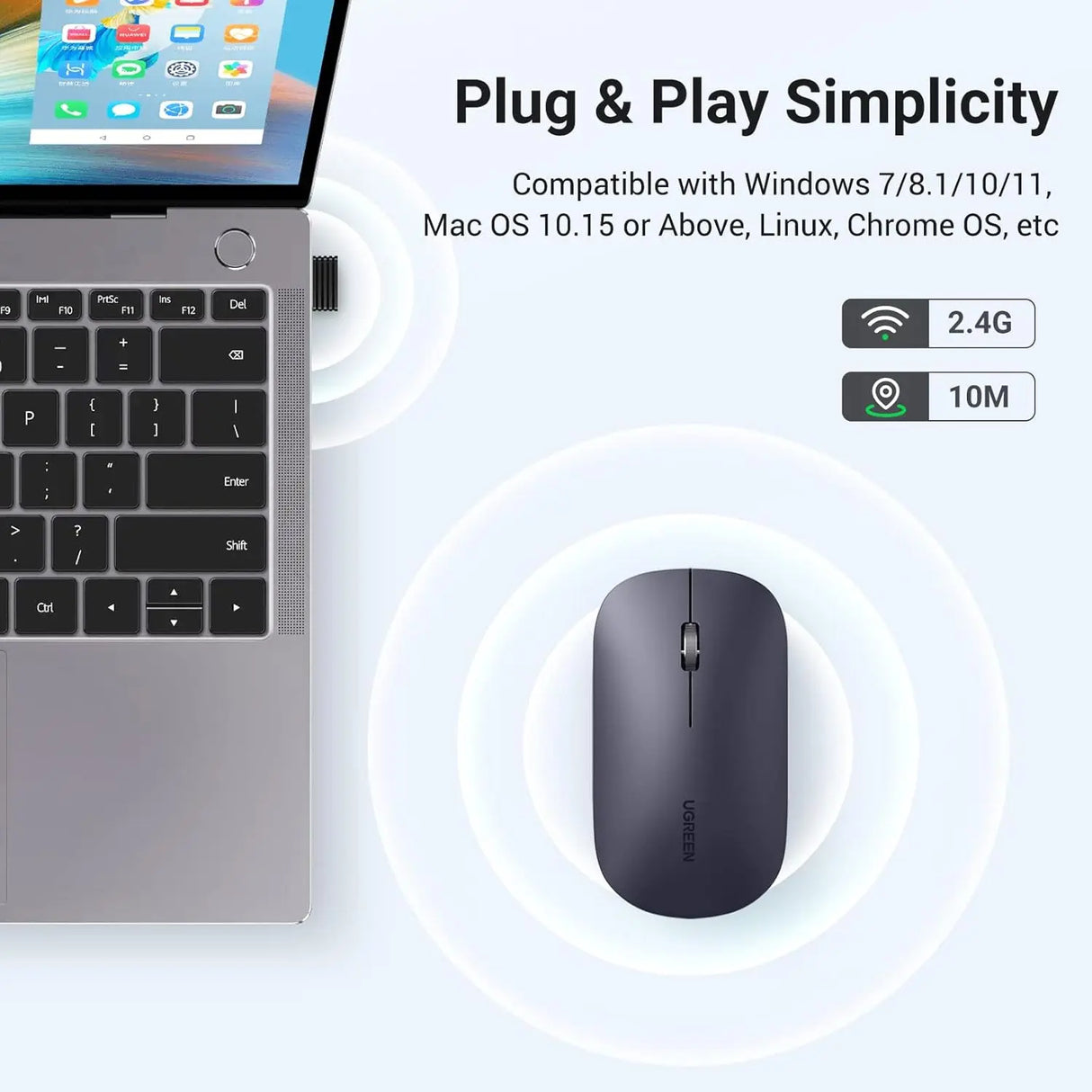 UGREEN 2.4G Silent Wireless Optical Mouse USB Receiver 4000 DPI PC Laptop Computer Chromebook MacBook Black Ergonomic (90372)