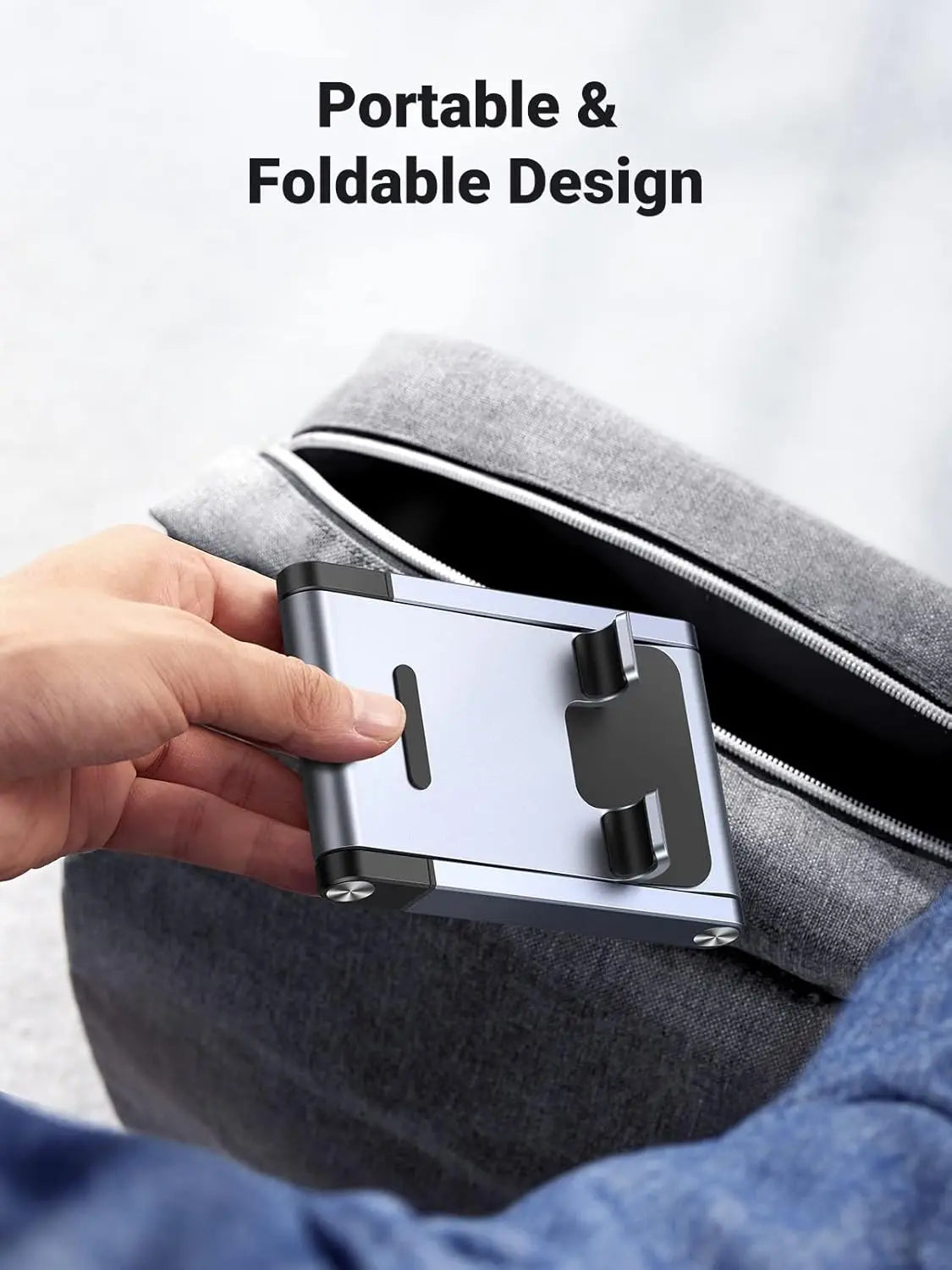 UGREEN 50324 foldable portable phone stand being stored inside a travel bag