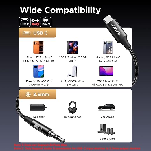 UGREEN 10ft USB-C to 3.5 mm Hi-Res Audio Adapter Cable – 32-Bit / 384 kHz, Long Length for Phones, Tablets & Laptops (65102)