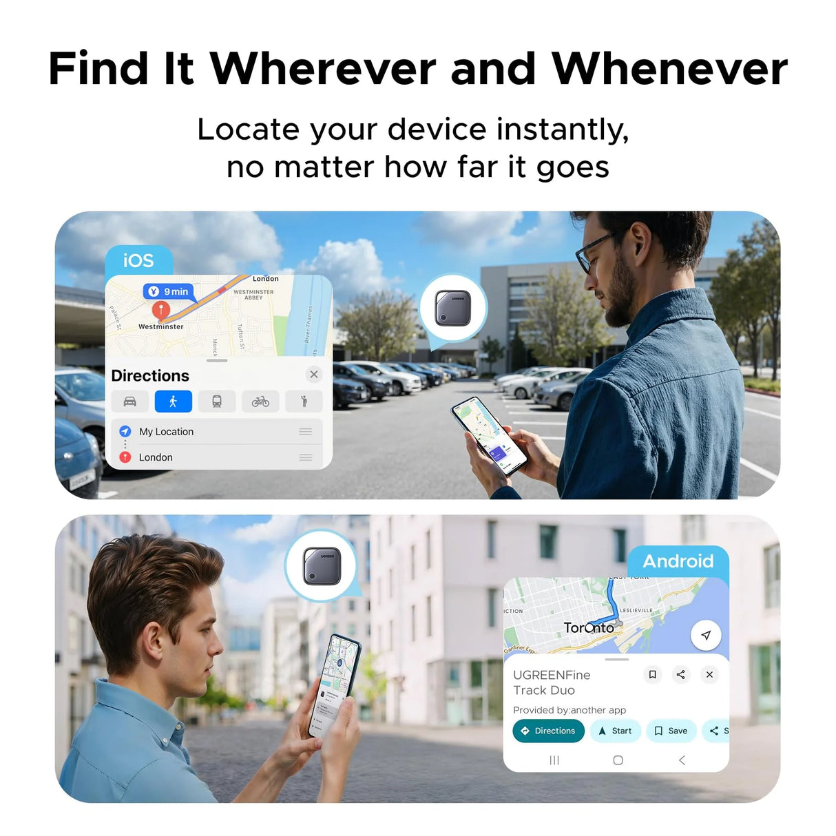 UGREEN FineTrack Duo Smart Tracker for iOS or Android, USB-C Rechargeable Item Finder Tag – 75646P