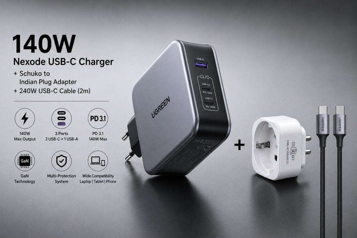 UGREEN 140W Nexode 3-Port USB C GaN II Charger + Schuko to India Adapter PD 3.1 Power Supply MacBook Pro 16" Dell XPS iPhone 14 Galaxy S22 (90549/EU)