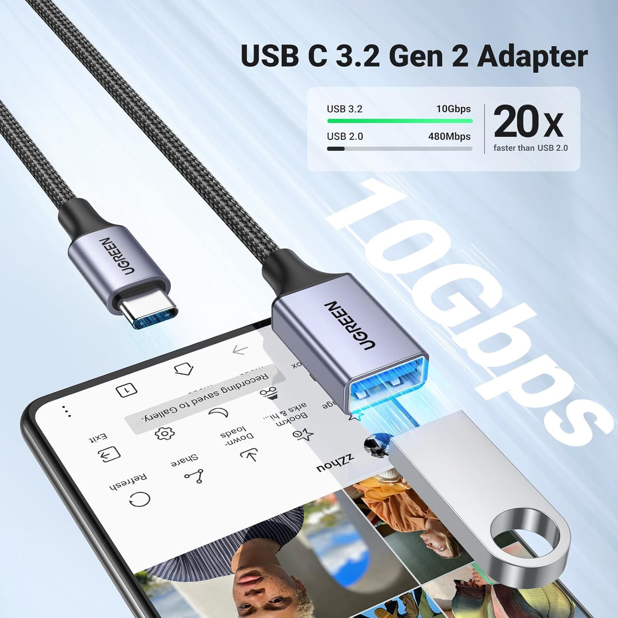 UGREEN USB-C to USB-A 3.2 Adapter 10Gbps OTG Cable (US378 70889) – Nylon Braided, Aluminum Shell