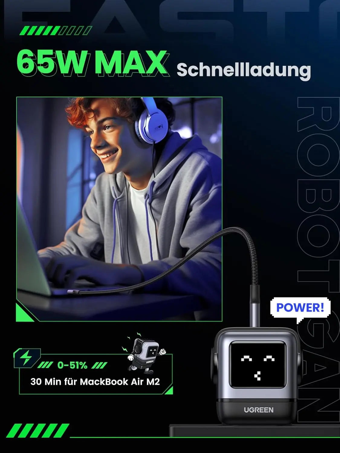 UGREEN Nexode RobotGaN 65W USB C Charger GaN Fast Wall Charger 3 Port 2x USB C 1x USB A iPhone 15 MacBook Galaxy (25685B)
