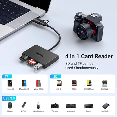 UGREEN 4 in 1 Memory Card Reader USB C USB 3.0 Dual Connector OTG Adapter for Android Computer Laptop Compatible with 170MB/s SD/Micro SD, iPhone 16 15,iPad Pro, MacBook Pro/Air (45167) - Ugreen India