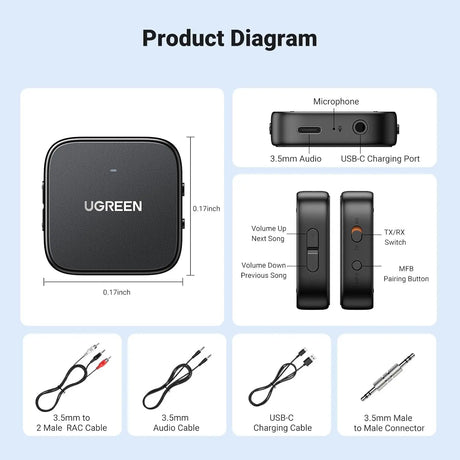 UGREEN Bluetooth 5.2 Transmitter / Receiver For TV, Dual Pair, compatible with Airpods Earbuds Speaker, Bluetooth Headphone Adapter For Airplane, TV Audio, PC, MP3, and Gym (35223) - Ugreen India