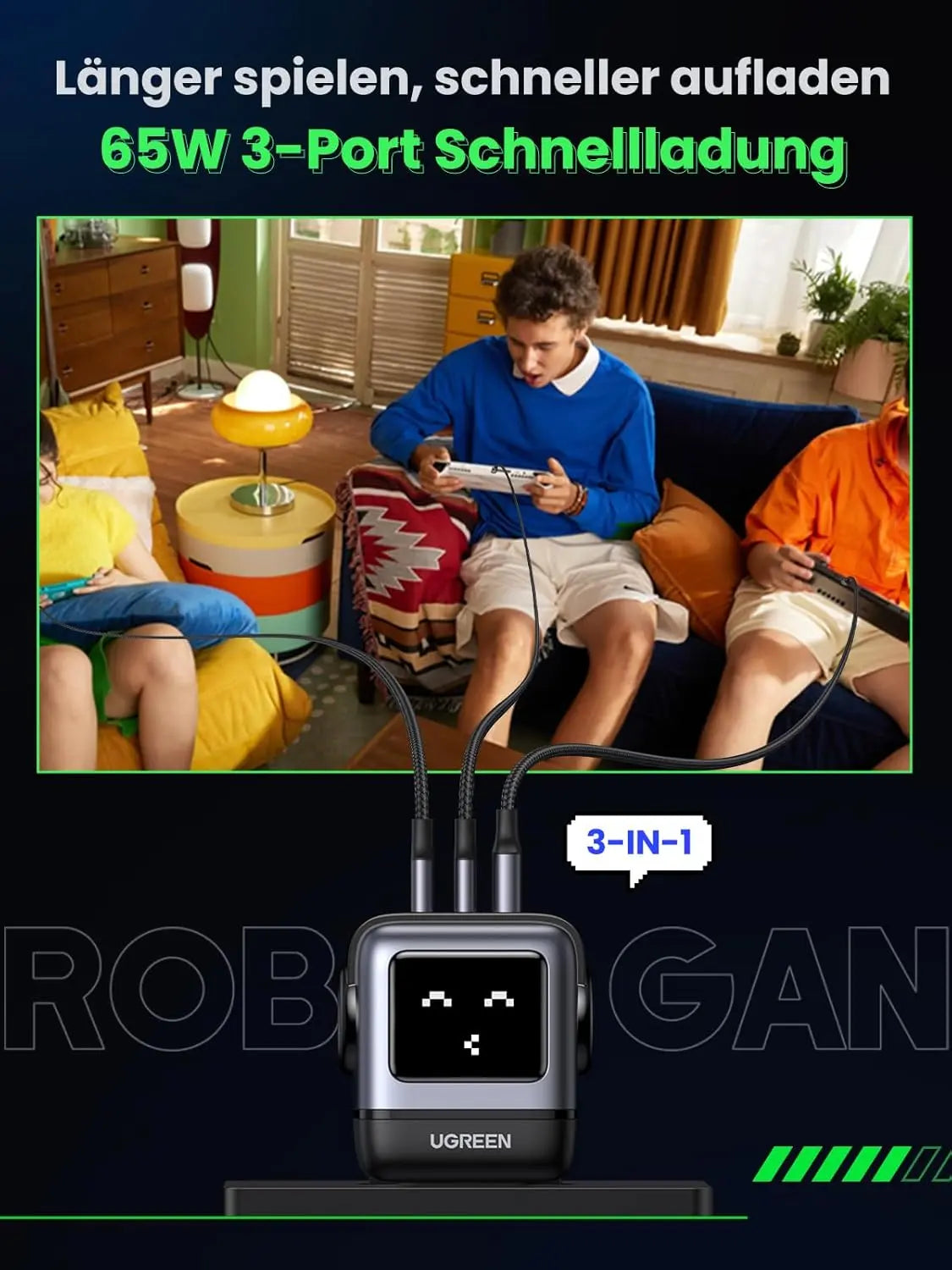 UGREEN Nexode RobotGaN 65W USB C Charger GaN Fast Wall Charger 3 Port 2x USB C 1x USB A iPhone 15 MacBook Galaxy (25685B)