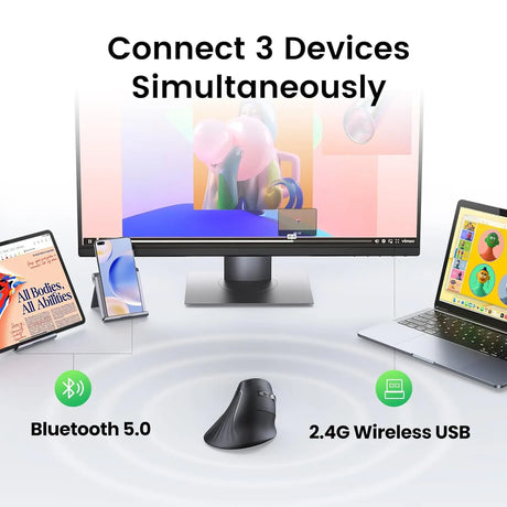 UGREEN Vertical Ergonomic Mouse Wireless (Bluetooth 5.0+2.4G) with 5 Buttons, 1000/16000/2000/4000 DPI, Prevention of Mouse Arm Compatible with PC/Laptop/Tablet, Black (25444) - Ugreen India