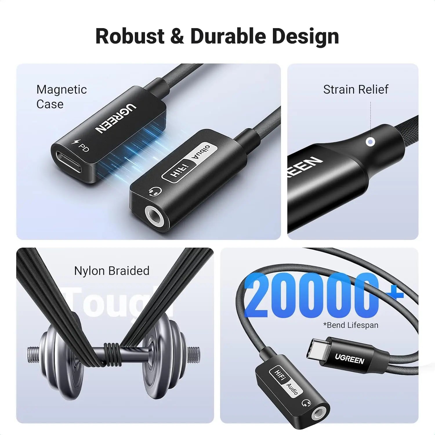 UGREEN magnetic USB-C audio adapter robust durable design nylon braided cable strain relief aluminum case
