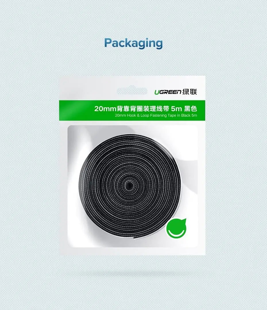 UGREEN 2M Velcro Cable Organizer Reusable Hook Loop Fastening Tape Roll Adjustable Wire Management TV Computer Office Black 40354