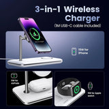 UGREEN 3-in-1 MagSafe Wireless Charging Station 25W Fast Magnetic Charger iPhone 15/14/13/12 AirPods Apple Watch Foldable White 90326