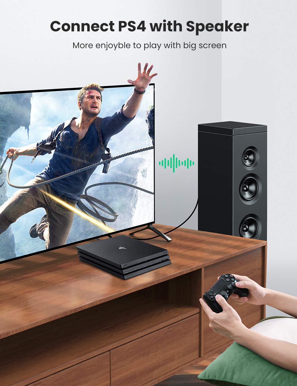 UGREEN 70892 2m Toslink optical audio cable connects a PS4 with a speaker