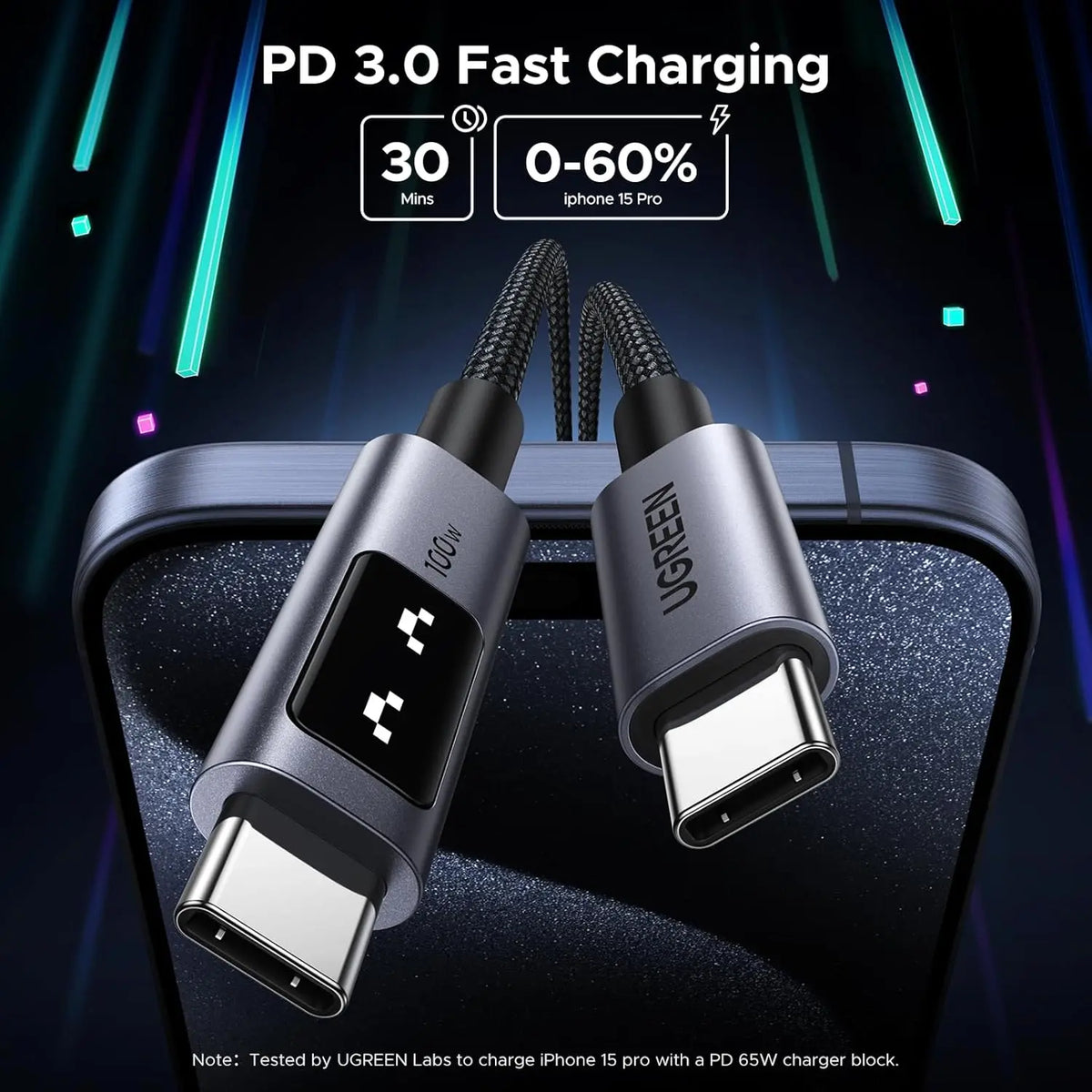 UGREEN UNO USB-C cable PD 3.0 fast charging iPhone 15 Pro 0 to 60 percent in 30 minutes