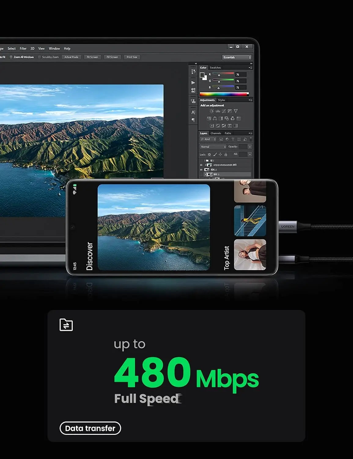 Ugreen 1m Usb-A 2.0 Male To Usb-C Male কেবল, নিকেল প্লেটিং/অ্যালুমিনিয়াম শেল/চার্জিং অ্যাডাপ্টারের জন্য ব্রেইডেড, স্মার্টফোন (60126)