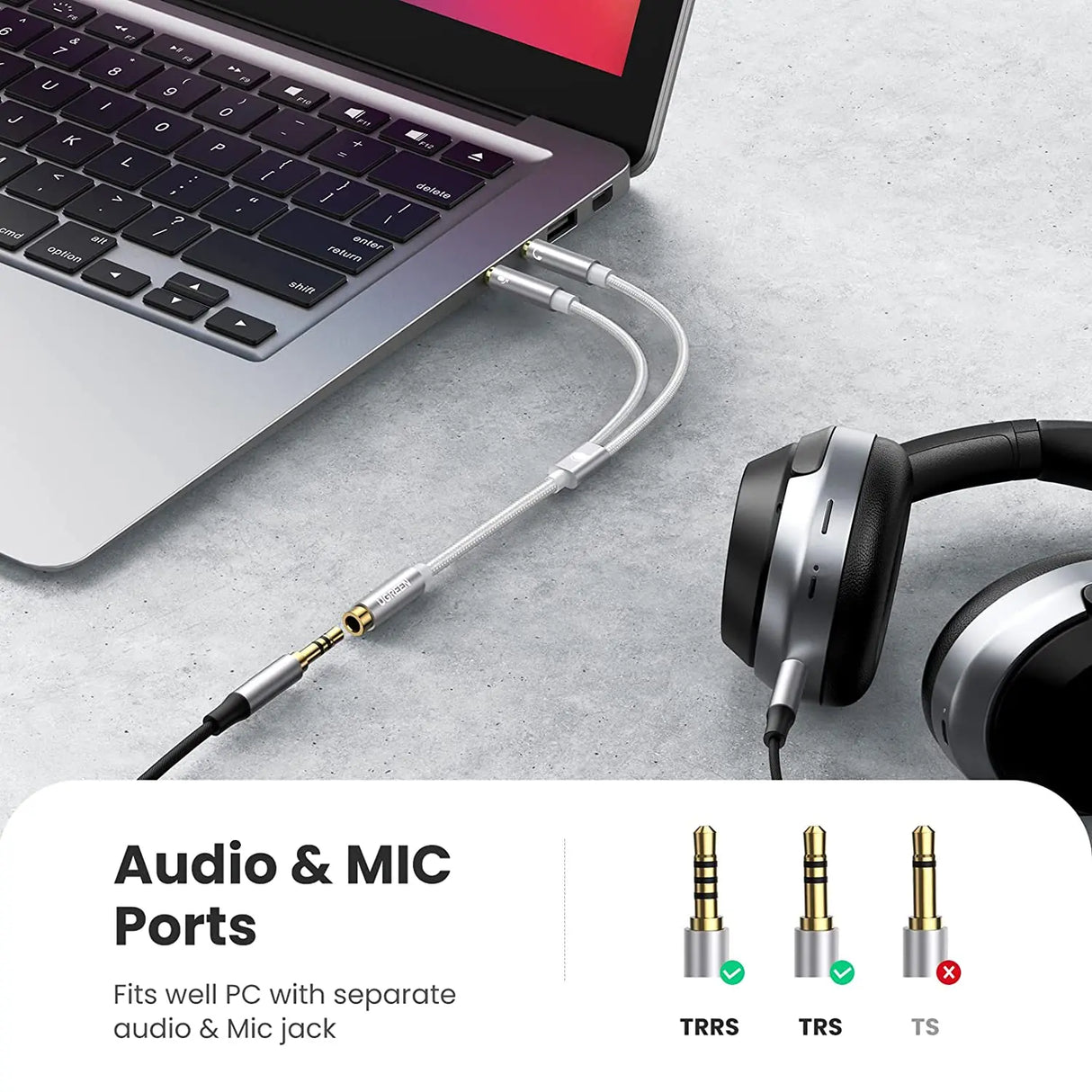 UGREEN 20CM Metal TRRS Female to Dual Male Audio PC Adapter Y Splitter 3.5mm Headphone Microphone Jack Converter Headset 10790