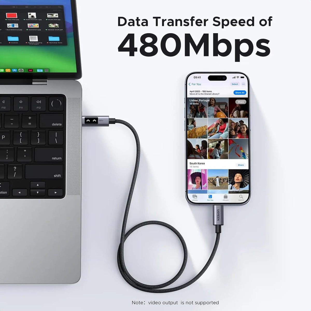 UGREEN UNO USB-C cable supports 480Mbps data transfer and note video output is not supported