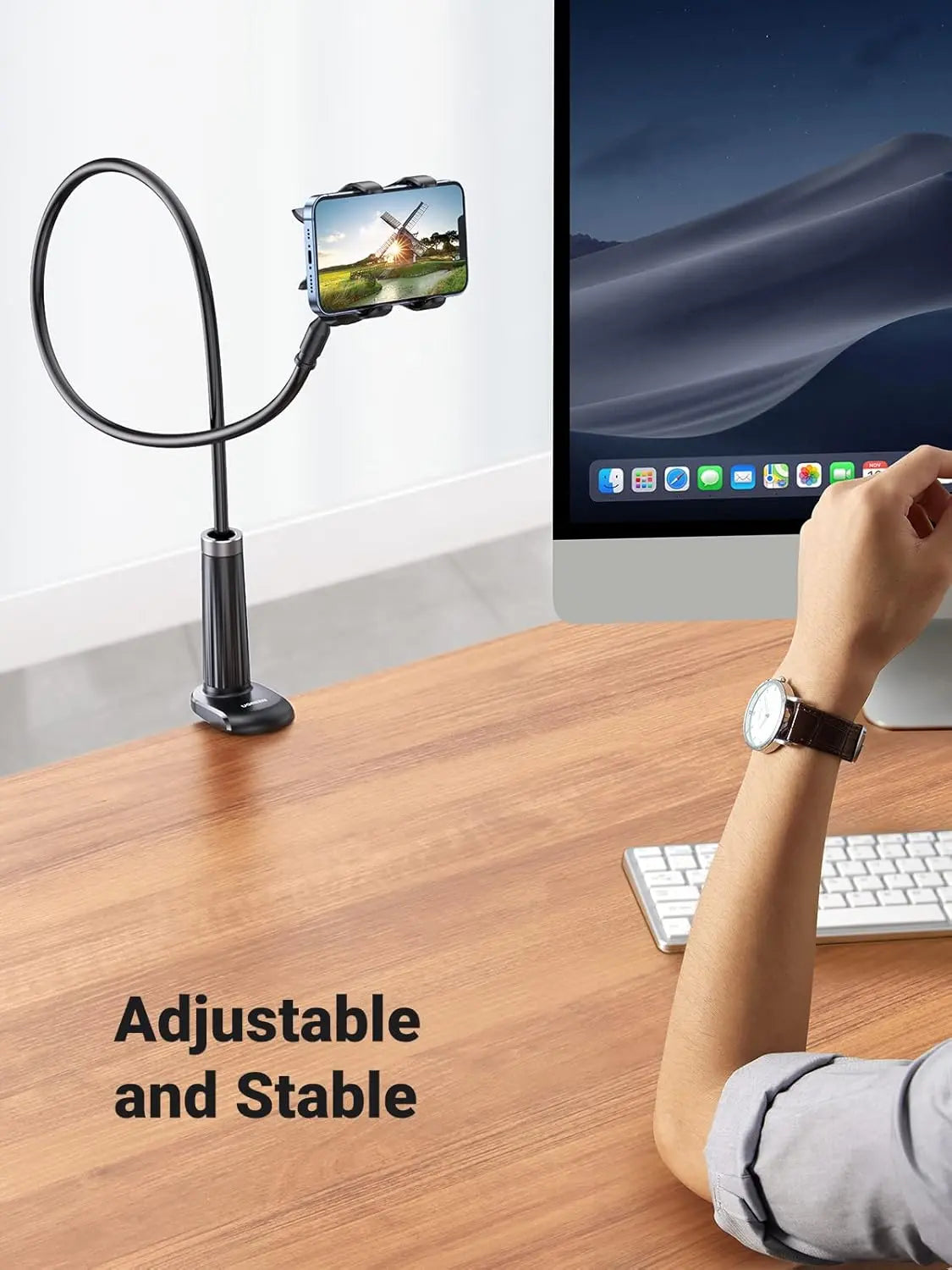 UGREEN adjustable gooseneck phone holder used as a hands-free desk mount