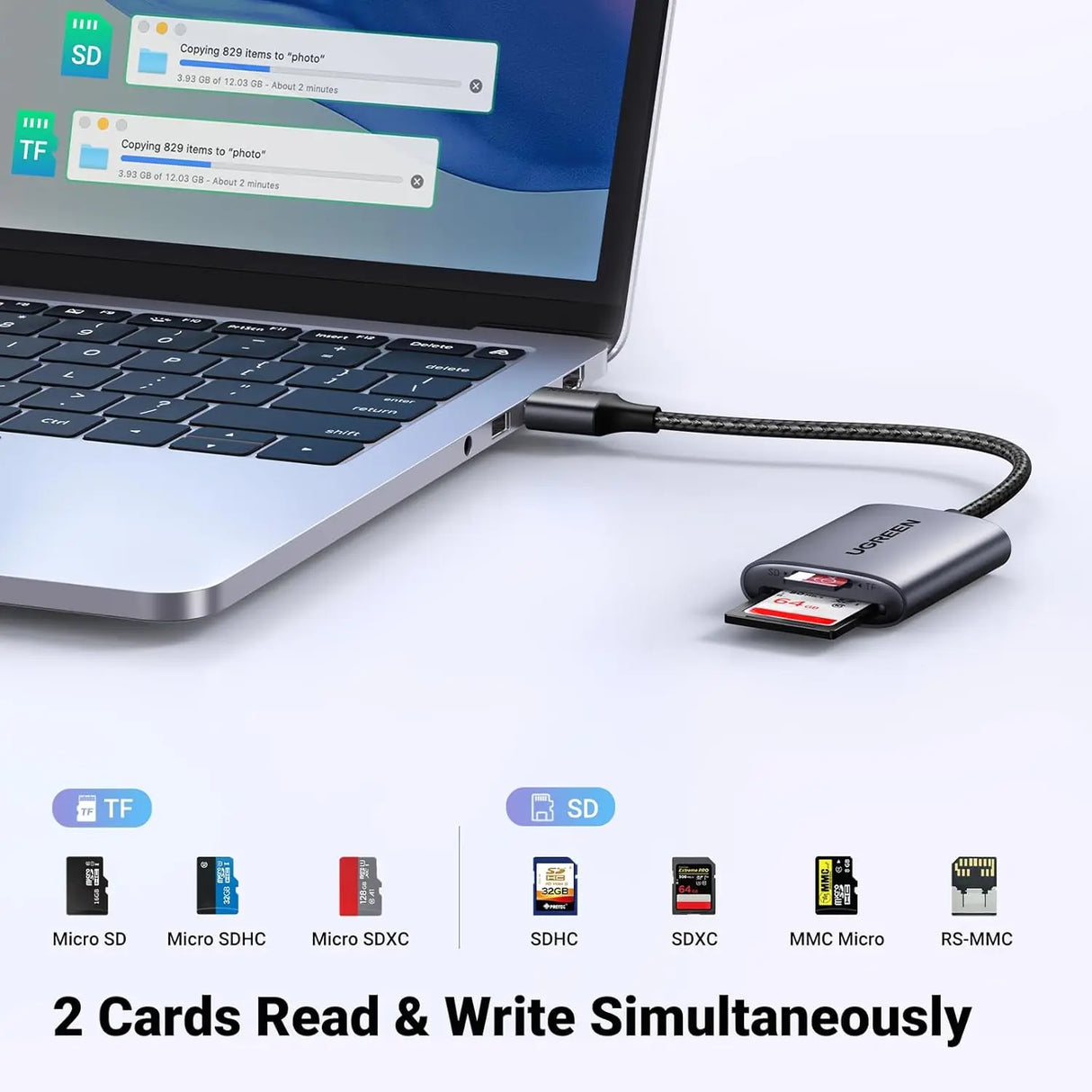 UGREEN USB 3.0 Card Reader 2-in-1 SD TF Micro SD SDHC SDXC MMC Aluminum Case Memory Card Reader PC Laptop 80887