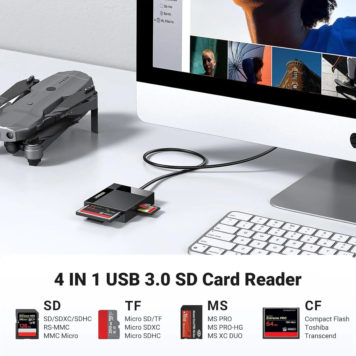UGREEN USB 3.0 Card Reader 4-in-1 5Gbps SD TF Micro SD CF MS Memory Card Writer 1.5ft Cable (30333)