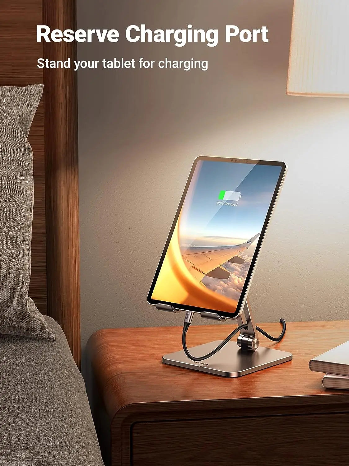 UGREEN LP134 tablet holder with reserved charging-port access in portrait orientation