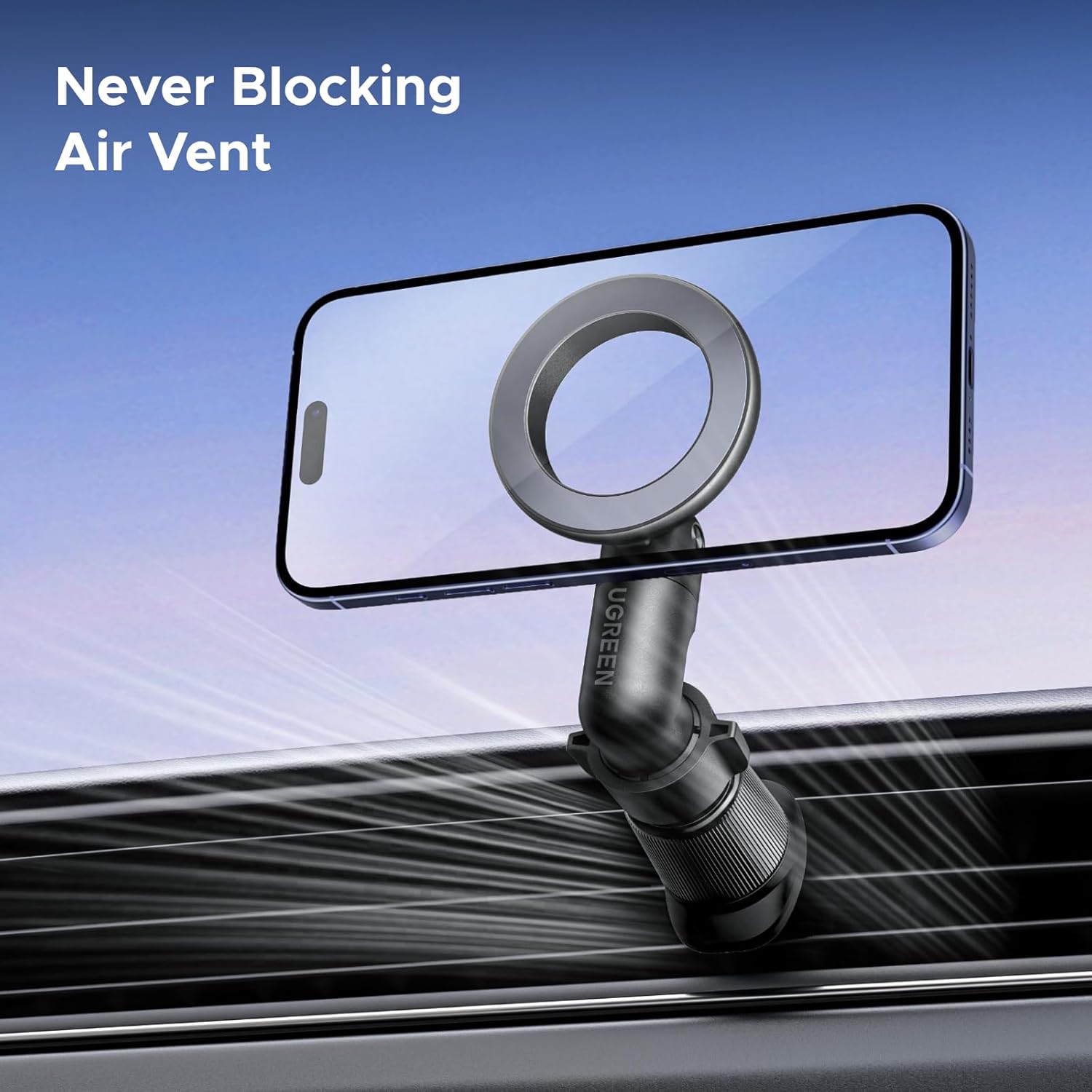 UGREEN LP923 offset car phone holder positioned to reduce air vent obstruction