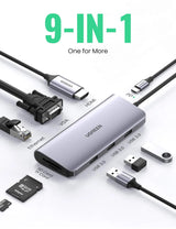 UGREEN 9-in-1 USB Type C Docking Station 4K HDMI VGA Gigabit Ethernet PD Charging 3 USB 3.0 SD Card MacBook Dell XPS (40873)