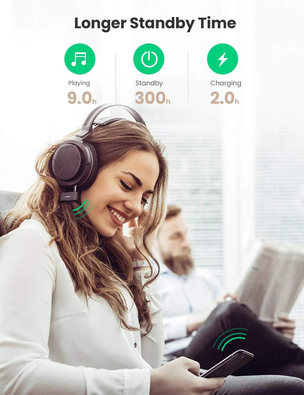 UGREEN पोर्टेबल वायरलेस ब्लूटूथ 5.0 रिसीवर कार के लिए 3.5 मिमी ऑक्स स्टीरियो आउटपुट बिल्ट-इन माइक्रोफ़ोन म्यूज़िक होम हाई-फाई सिस्टम स्पीकर, हेडफ़ोन, हैंड्स-फ़्री कार किट (70303) 