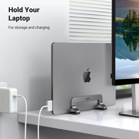 UGREEN Vertical Laptop Stand Holder for Desk Adjustable, Aluminum Dock, Compatible with MacBook, Surface Book, Chromebook, up to 15.6 Inch, Grey (20471) - Ugreen India