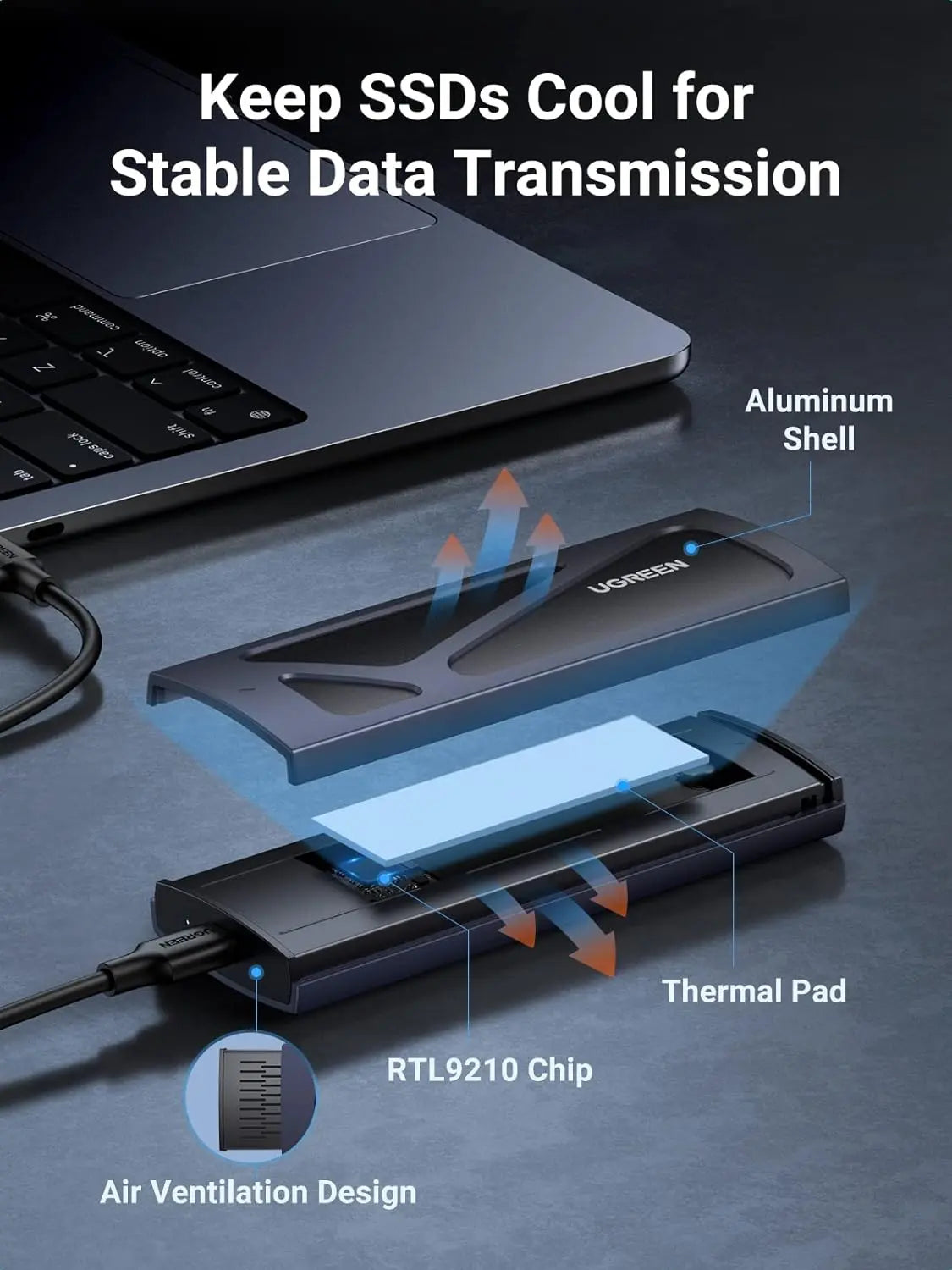 UGREEN NVMe M.2 এক্সটার্নাল SSD এনক্লোজার 10Gbps USB 3.2 অ্যালুমিনিয়াম টুল-ফ্রি কেস PCI-E NVMe রিডার USB C সাপোর্ট করে M এবং B&amp;M কী সাইজ 2230/2242 /2260/2280 SSD - কালো (15512) 