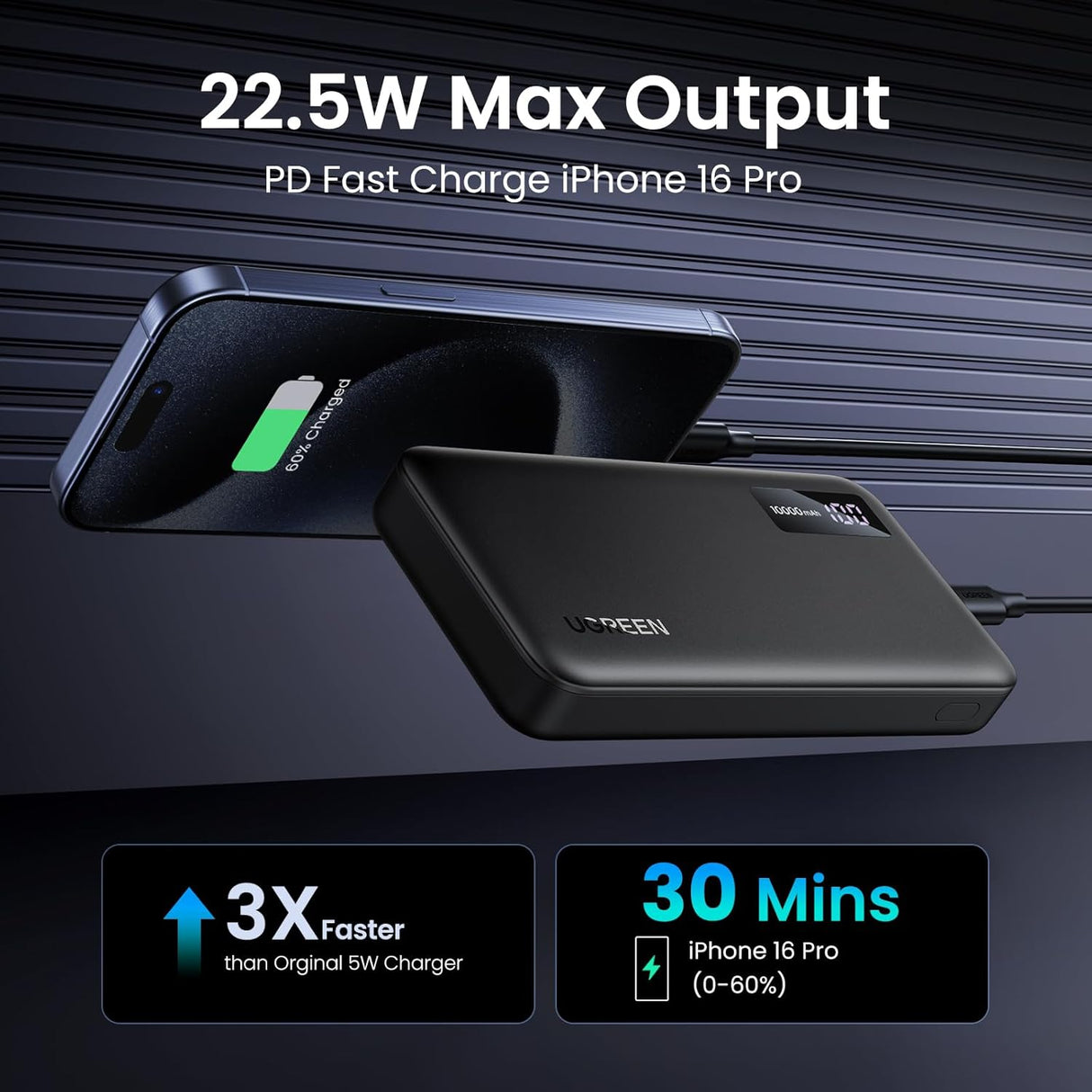 UGREEN 10000mAh Power Bank, 20W PD & QC3.0 Two-Way Fast Charging Portable Charger with USB-C Input/Output and Dual USB-A Ports, Slim External Battery Pack for iPhone, Samsung, Pixel & More – Black, IN Version (25742)