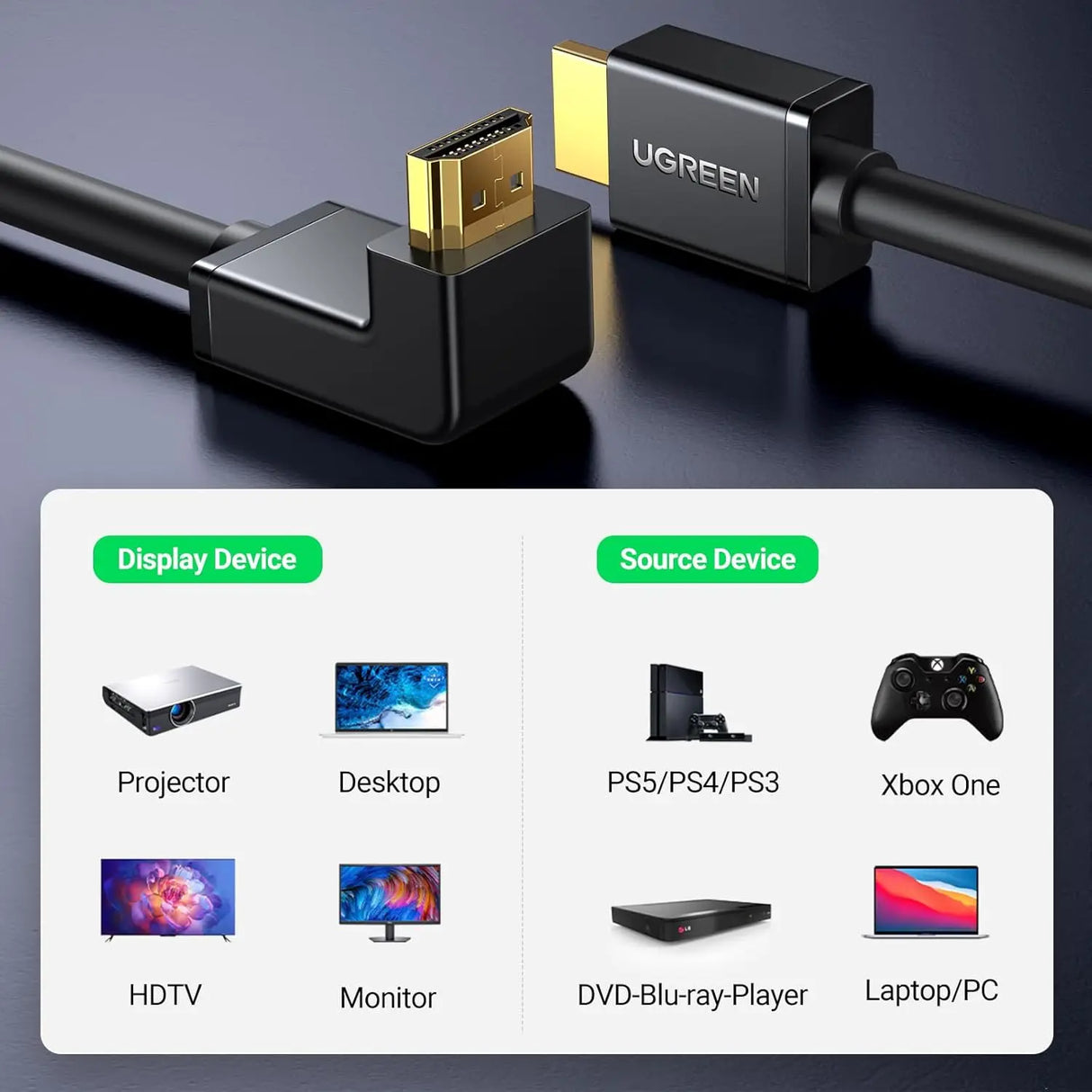 UGREEN HDMI Cable 2M High Speed Ethernet 90 Degree Right Angle Male to Male 4K 60Hz UHD HDR TV Monitor PS5 Xbox (10173)