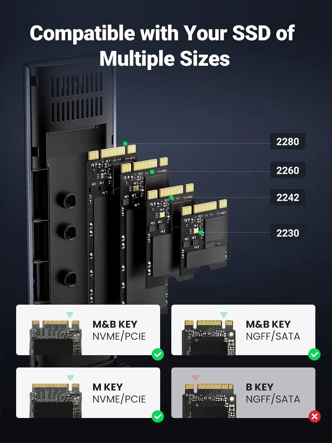 UGREEN M.2 NVMe SATA SSD Enclosure USB-C 3.2 Gen2 10Gbps Thunderbolt 3 Tool-Free External Case 2280 2260 2242 2230 (90264)