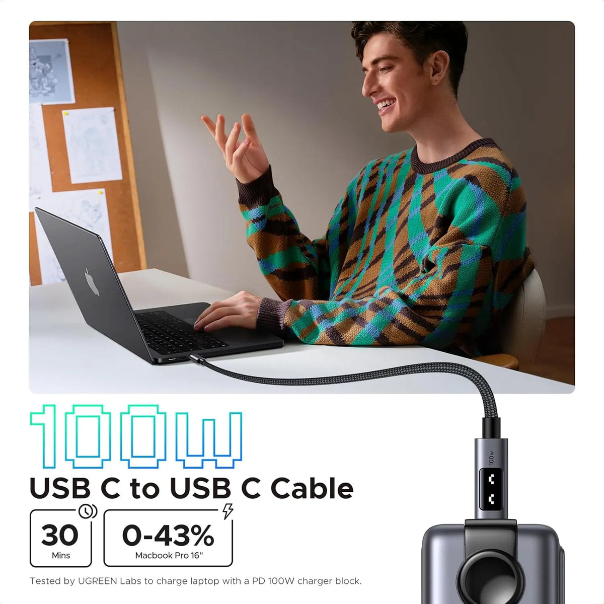 UGREEN UNO 100W USB-C cable fast charges MacBook Pro 16 inch with PD 100W charger