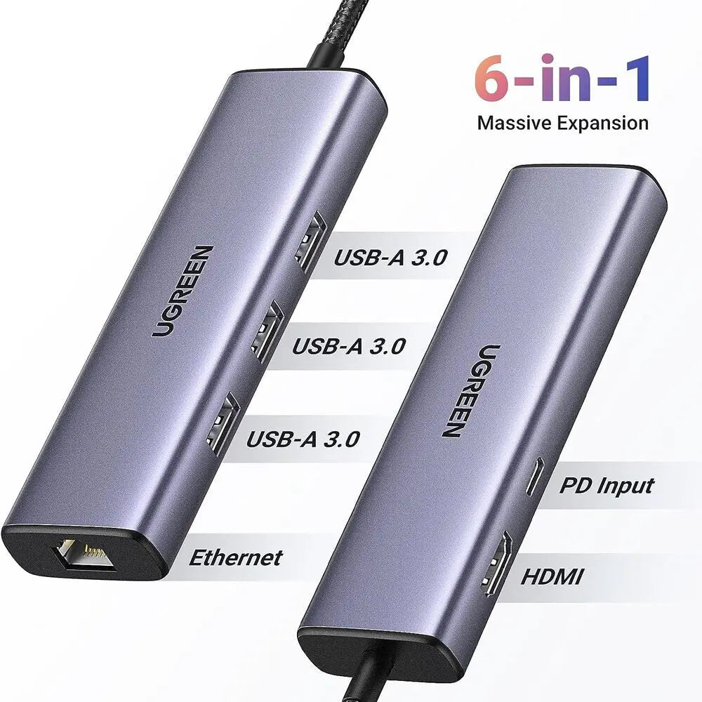 UGREEN 6-in-1 USB-C Multiport Docking Station 1000Mbps Ethernet 4K HDMI 100W PD 3x USB-A 3.0 MacBook iPad Pro Surface Laptop 15598