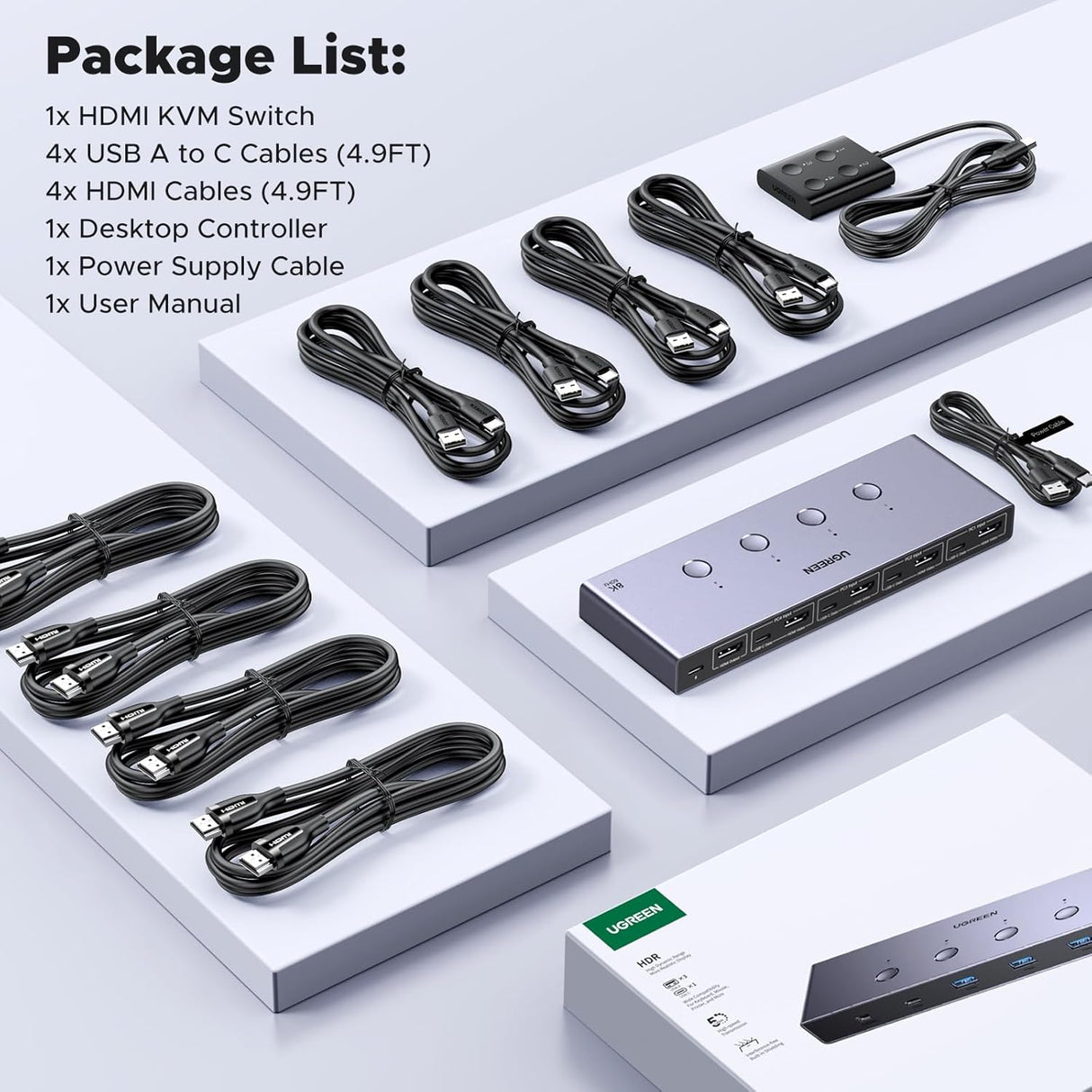 UGREEN 8K@60Hz HDMI KVM Switch for 4 Computers, HDMI 2.1, 4× USB 3.0 Ports (3× USB-A + 1× USB-C), Aluminum KVM, Desktop Controller, Includes 4 HDMI Cables + 4 USB Cables (55397)