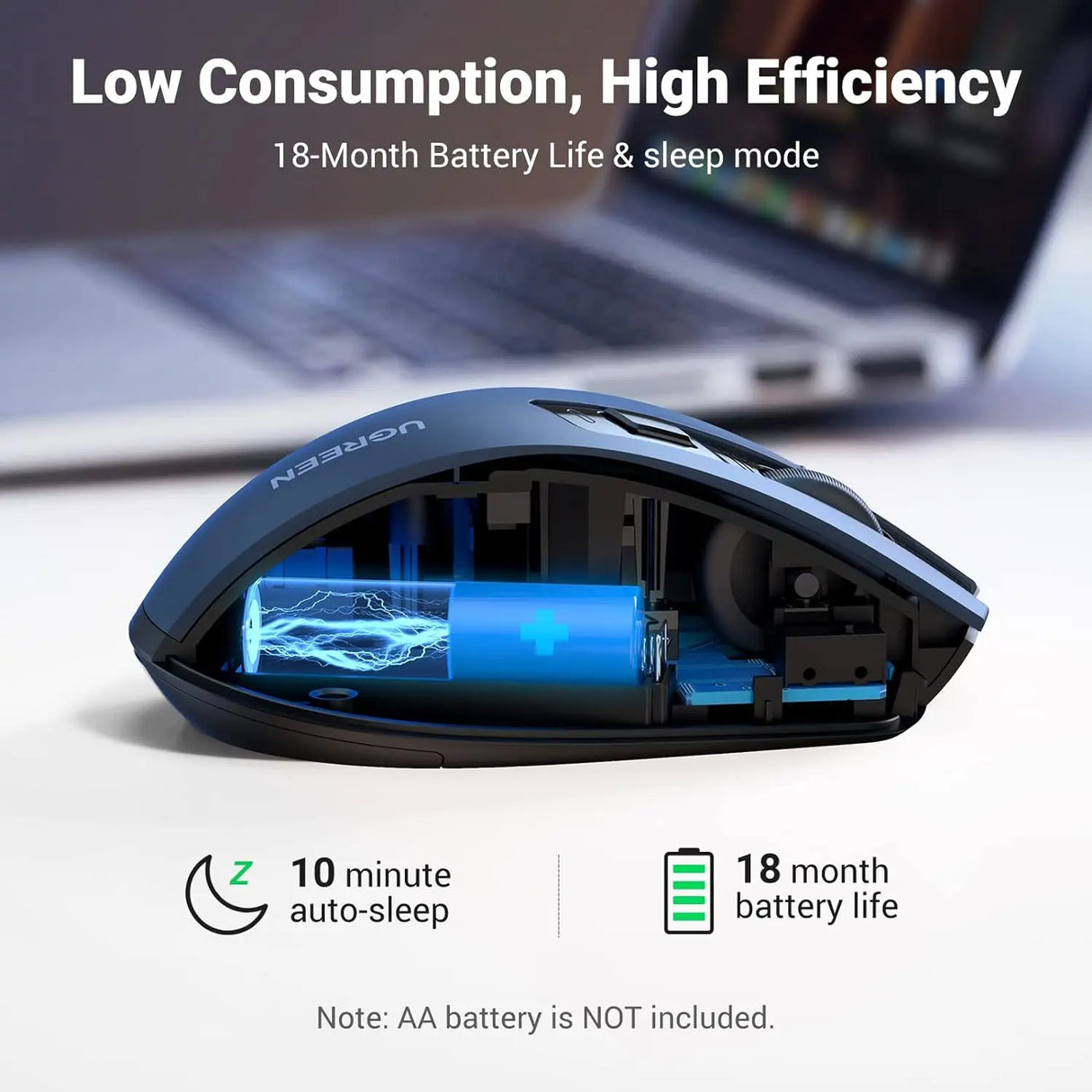UGREEN এরগনোমিক ৫-লেভেল ২.৪G ওয়্যারলেস মাউস ৪০০০ DPI ৬ বোতাম ইউএসবি কর্ডলেস সাইলেন্ট মাউস ল্যাপটপ, কম্পিউটার, পিসি, ম্যাকবুক, ক্রোমবুকের জন্য ন্যানো রিসিভার সহ - নীল (১৫০৬৪) 
