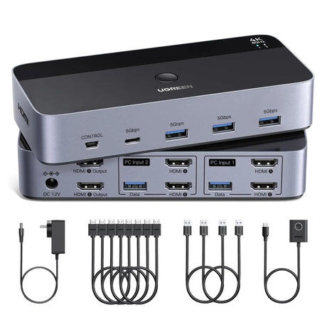 UGREEN HDMI KVM Switch 2 Monitors 2 Computers 4K@60Hz, with 4 USB 3.0 Ports for 2 Computers Sharing 2 Monitors Keyboard Mouse Printer with 4 HDMI Cables, 2 USB Cables, Power Adapter and Controller (55455) Ugreen