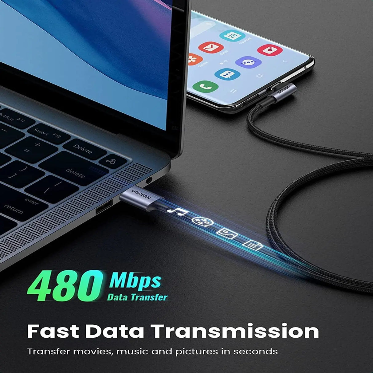 UGREEN USB Type C to USB-A Cable 1M Right Angle 90 Degree Double Nylon Braided QC 3.0 Nickel Plated Aluminum (50941)