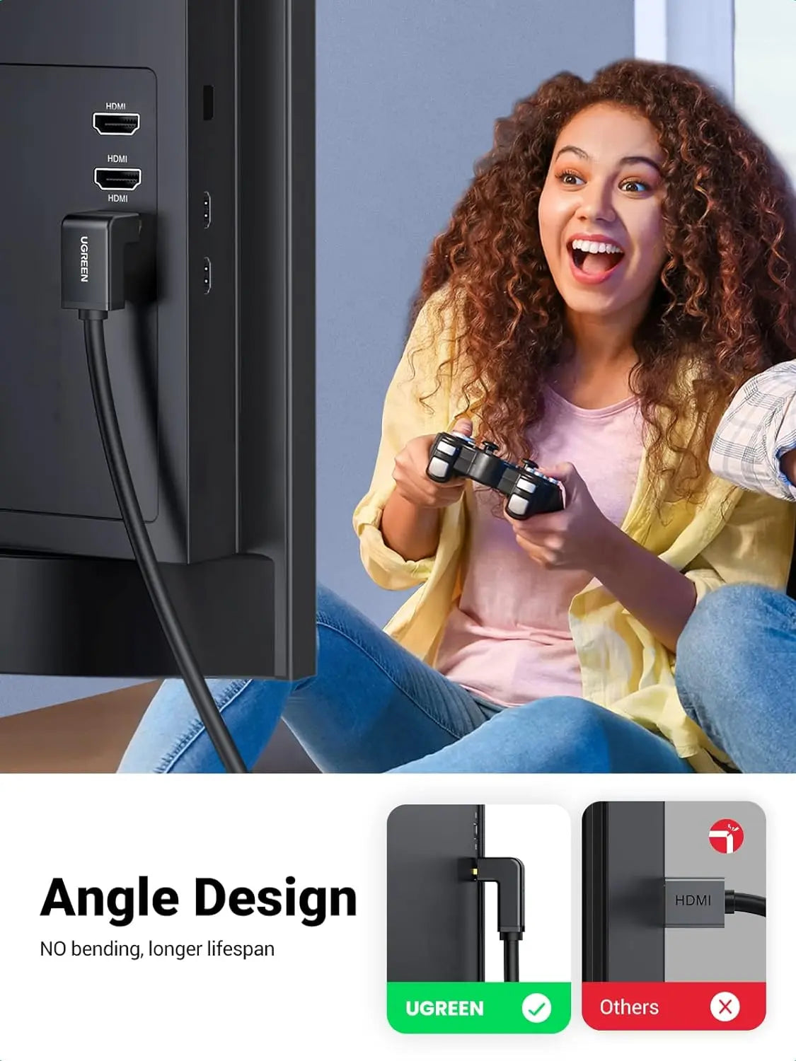 UGREEN 2M High Speed HDMI Cable with Ethernet 90 Degree Right Angle Supports 3D & Audio Return Compatible for Blu Ray Player 3D TV Roku Boxee Xbox360 PS3 Apple TV etc.(10173) - Ugreen India
