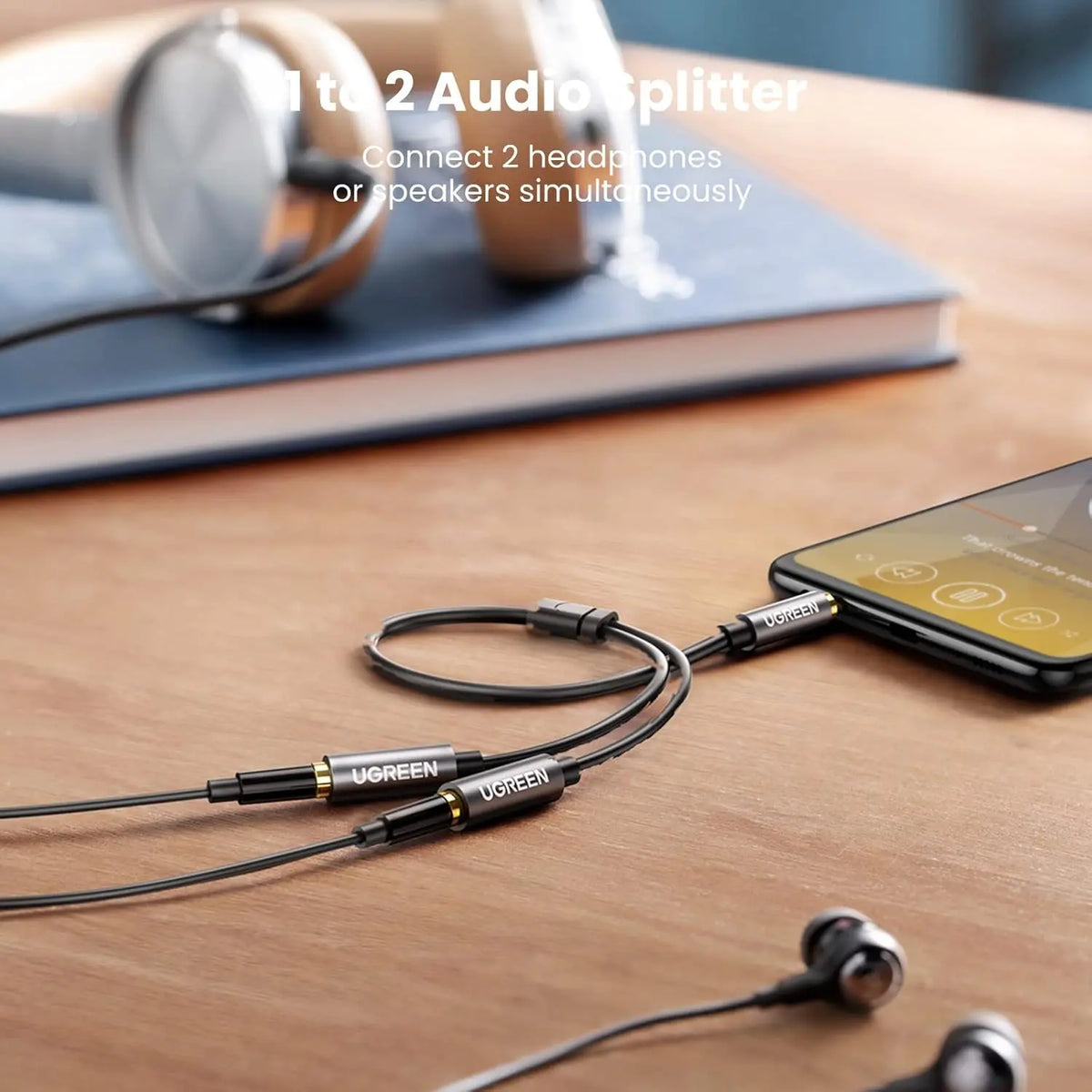 UGREEN 3.5mm audio splitter connected to phone and two earphones