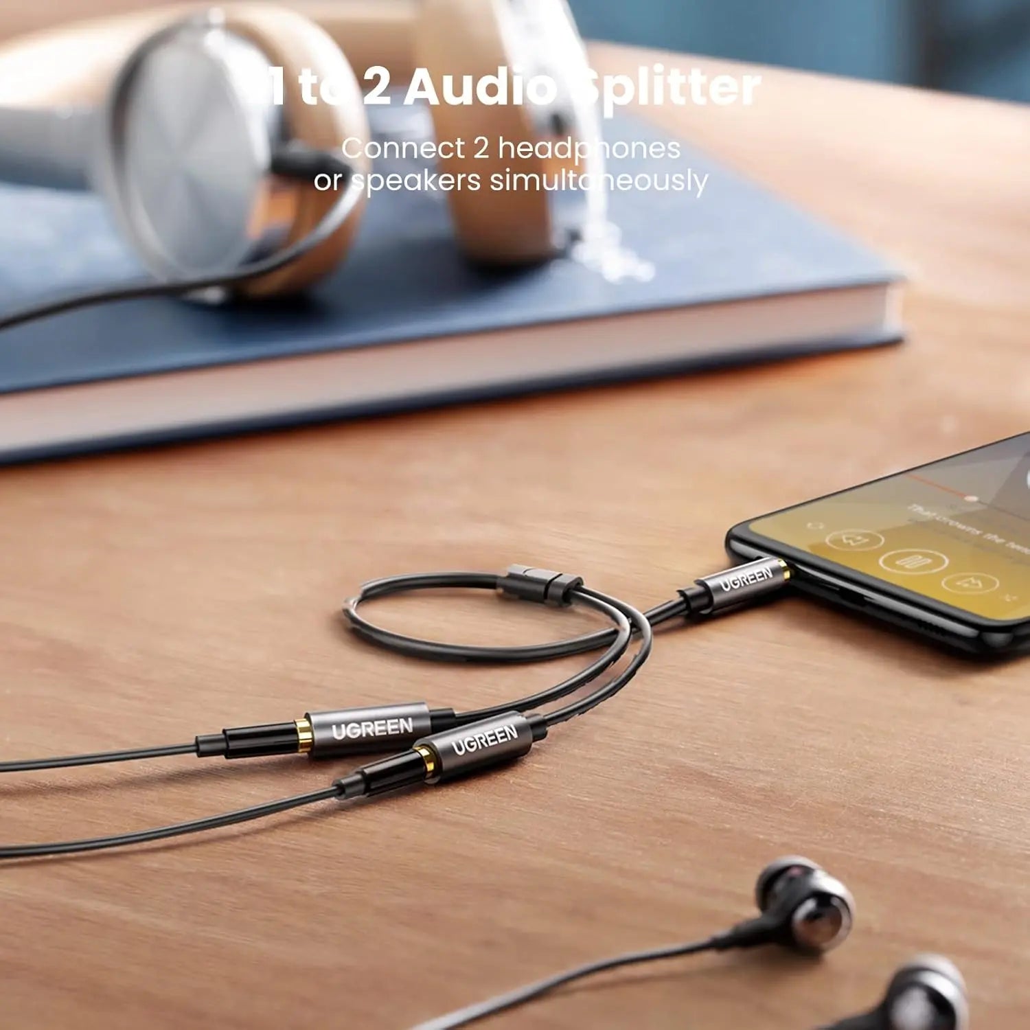 UGREEN 3.5mm audio splitter connected to phone and two earphones