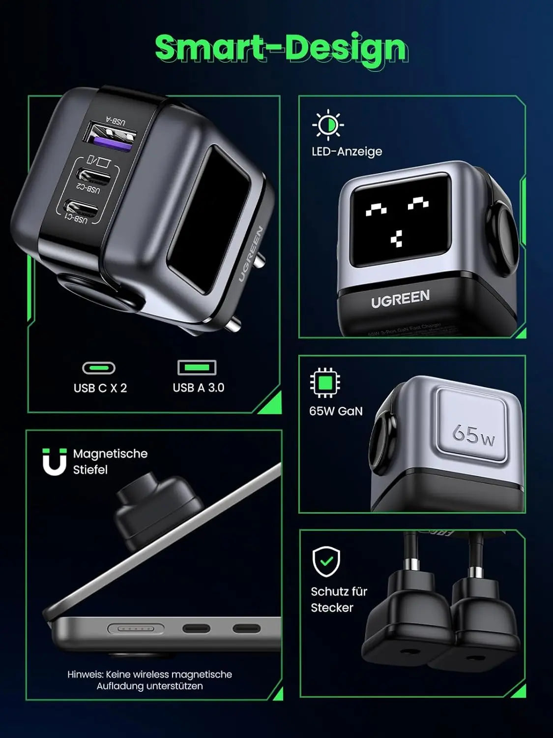 UGREEN Nexode RobotGaN 65W USB C Charger GaN Fast Wall Charger 3 Port 2x USB C 1x USB A iPhone 15 MacBook Galaxy (25685B)