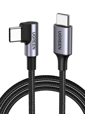 UGREEN 1M USB-C to Angled USB-C Cable 60W Round Cable Aluminum Shell Nickel Plated Nylon Braided Gray Black 50123 Ugreen